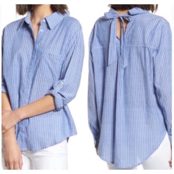 Rails Top Womens Small Blue Mimi Maldives Stripe Button Down Bow Neck Blouse - Picture 1 of 9